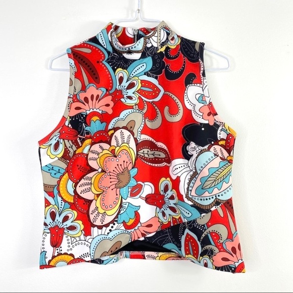 New York & Company 7th Avenue Studio Retro Floral Mock Neck Sleeveless Top Red - Picture 2 of 6